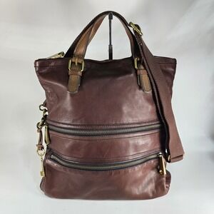 FOSSIL Explorer Leather Tote Foldover Messenger Bag Purse Crossbody Strap Laptop